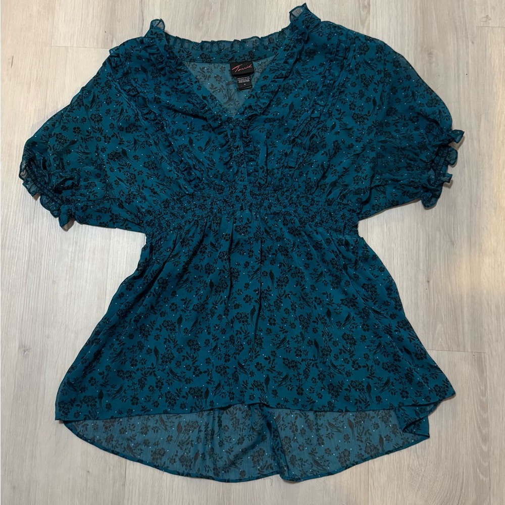 Torrid Green Blouse with V-Neck and 3/4 Sleeves
